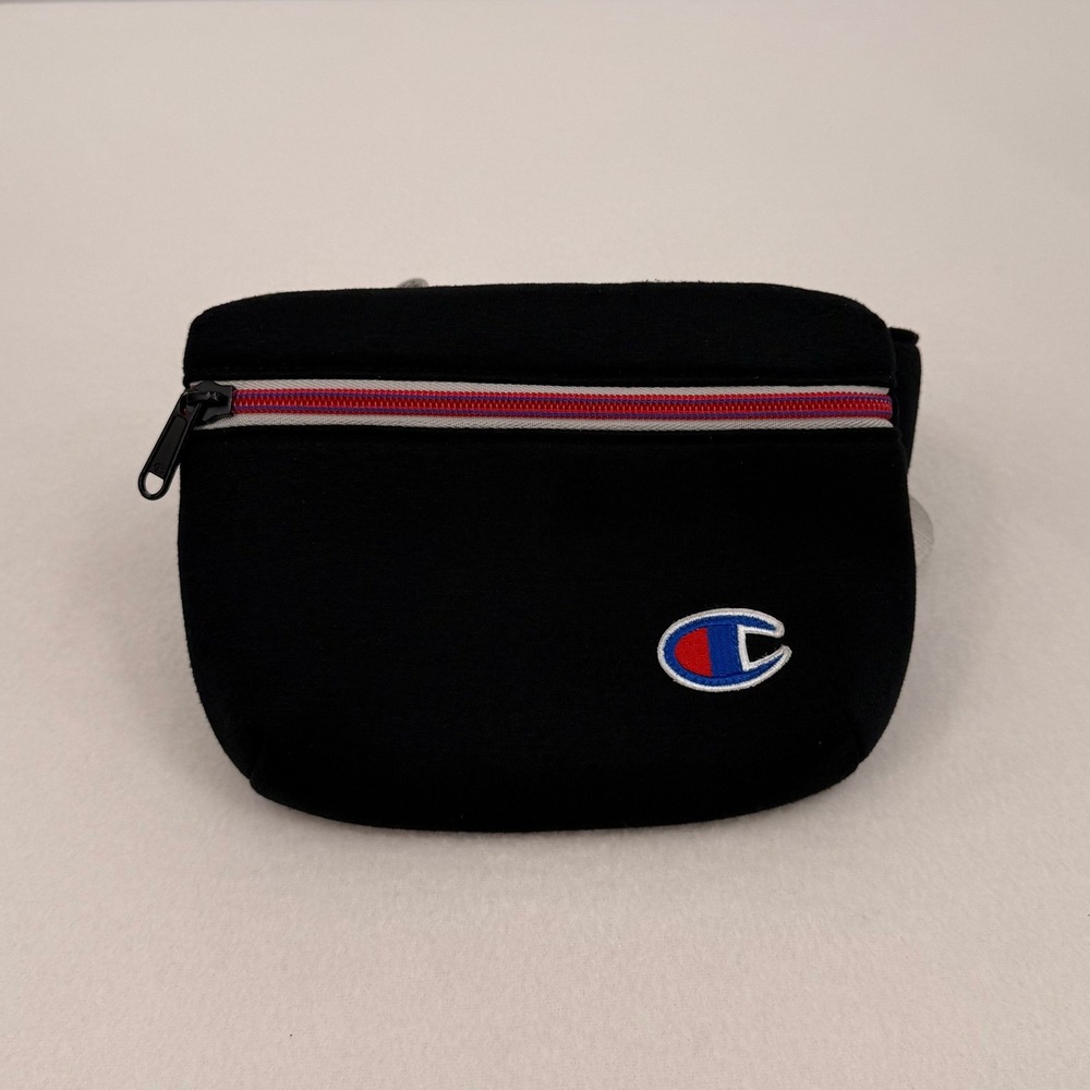 Champion Black Jersey Waist Bag Fanny Pack Striped Adjustable Strap C Logo
